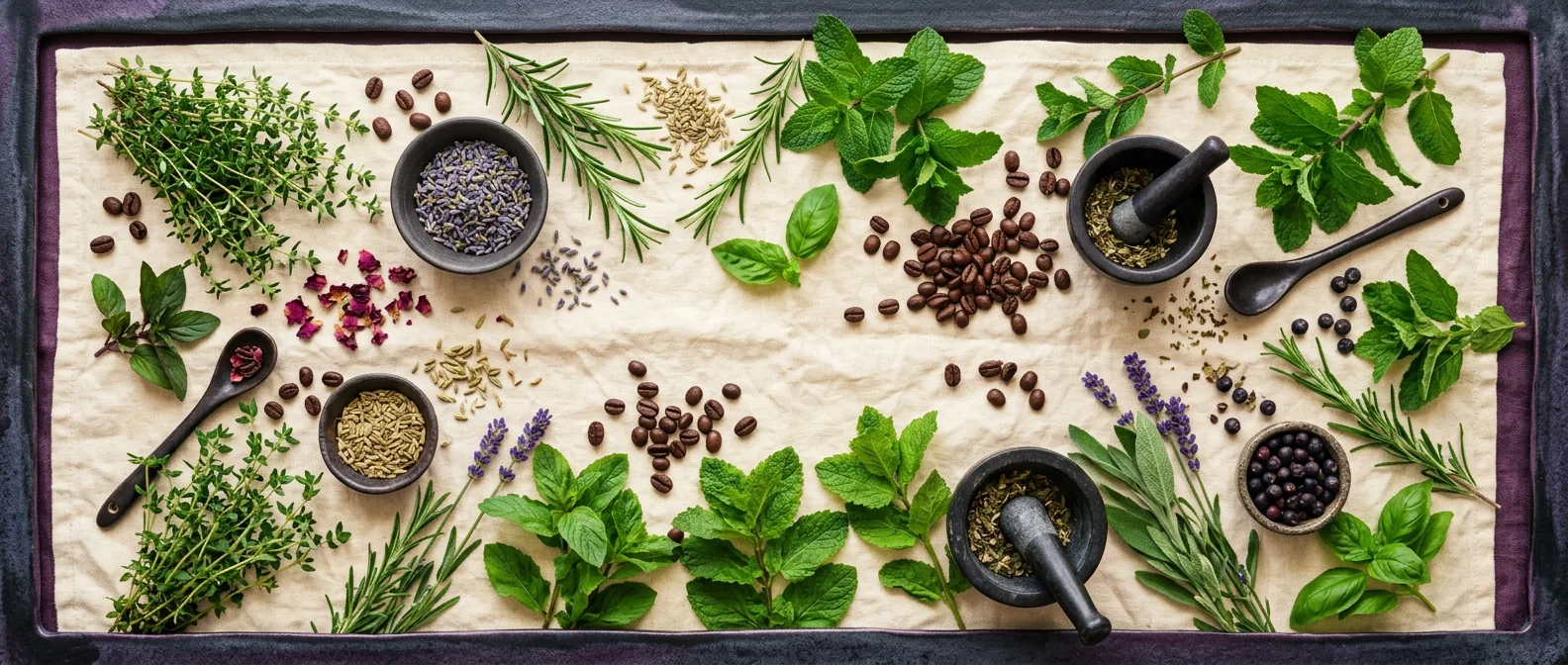 Botanical herbs and coffee beans on linen surface