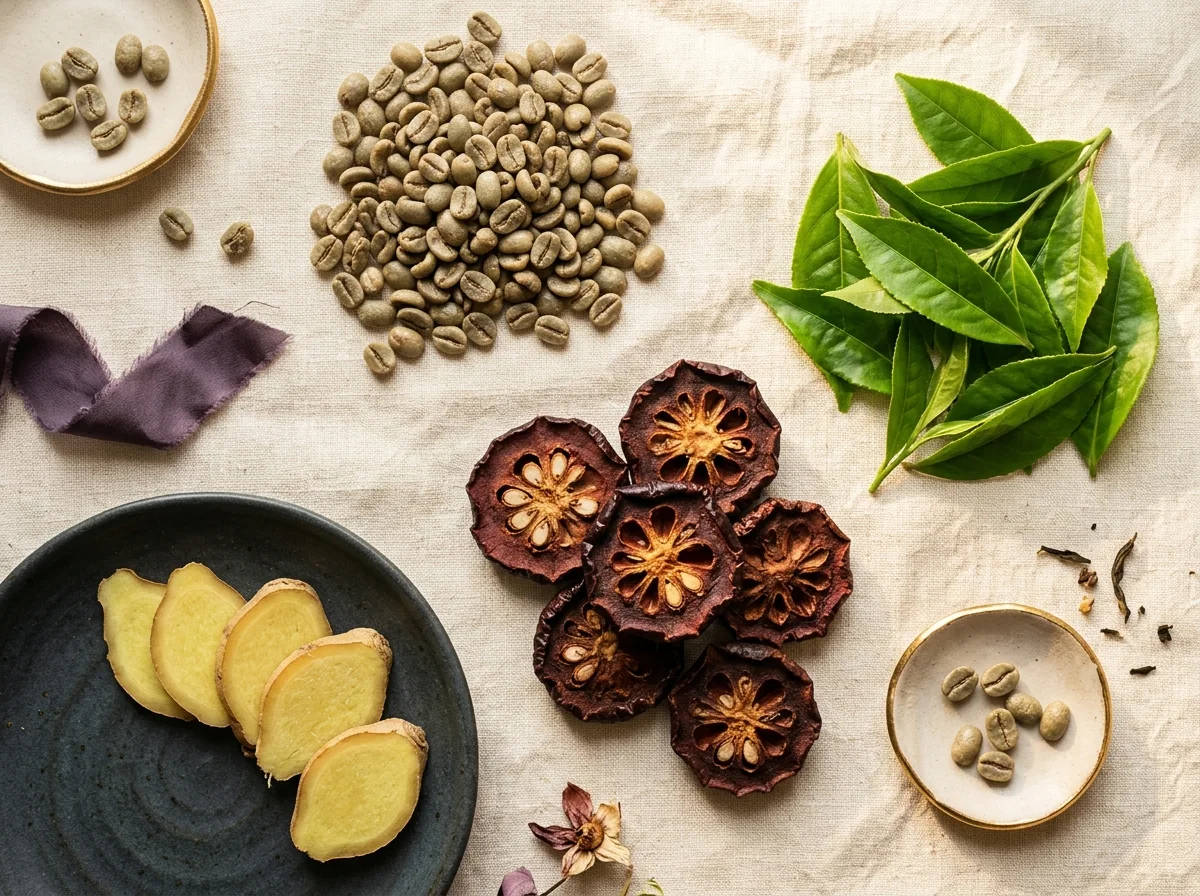 Green coffee beans, garcinia cambogia fruit, green tea leaves and ginger root flat lay