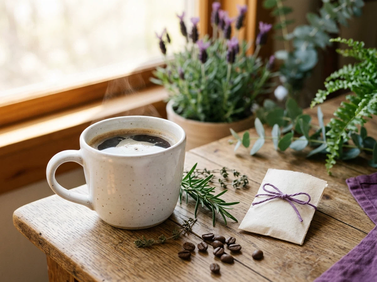 White ceramic mug with coffee and supplement sachet beside ginger and coffee beans